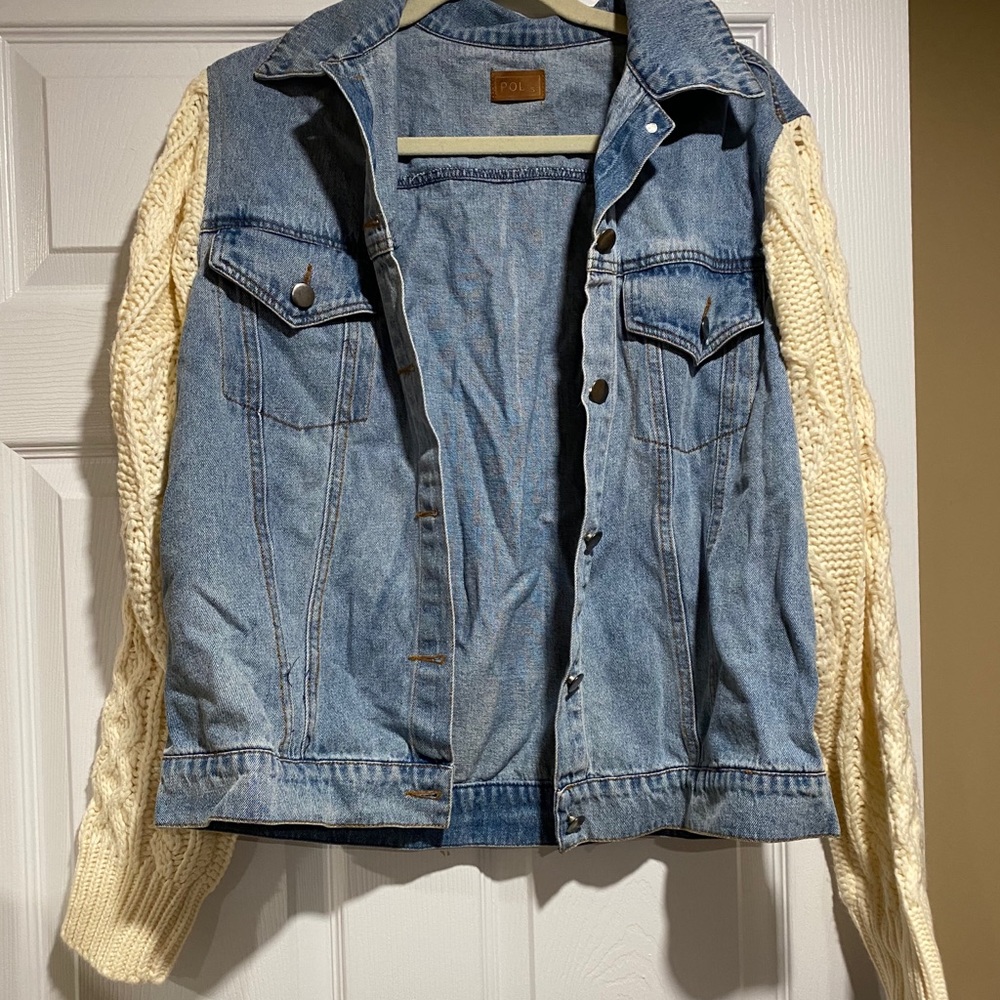 denim jacket with knit sleeves